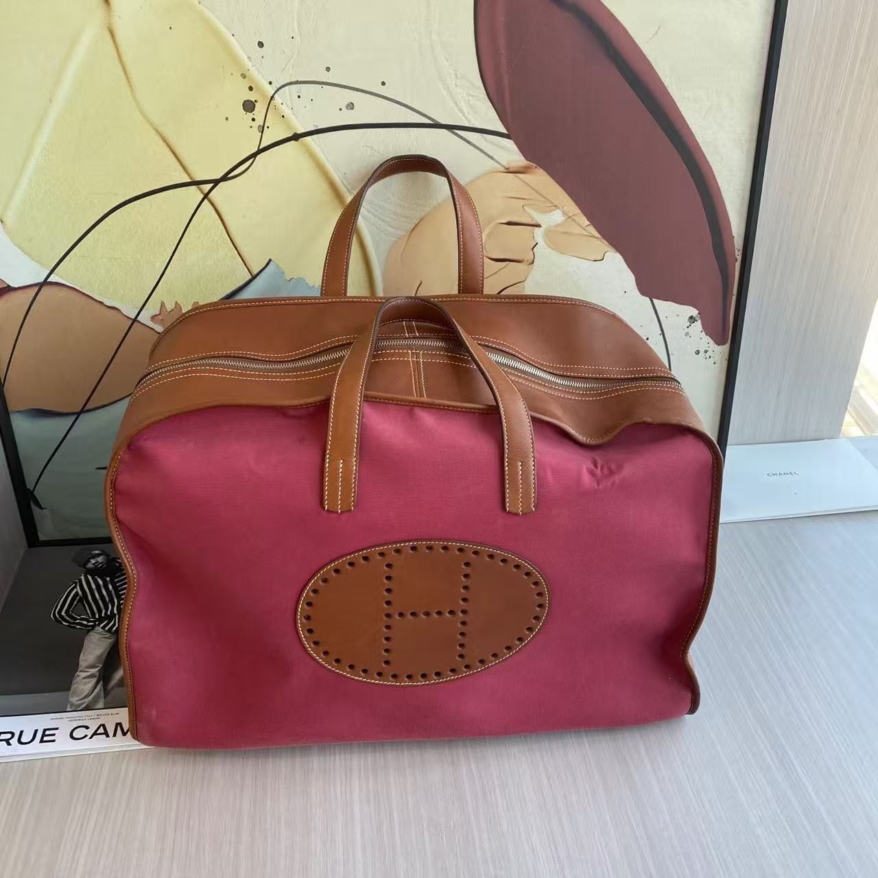 Hermès Evelyne GM Rouge Canvas Leather Hand Carry Travel Bag Silver Auth