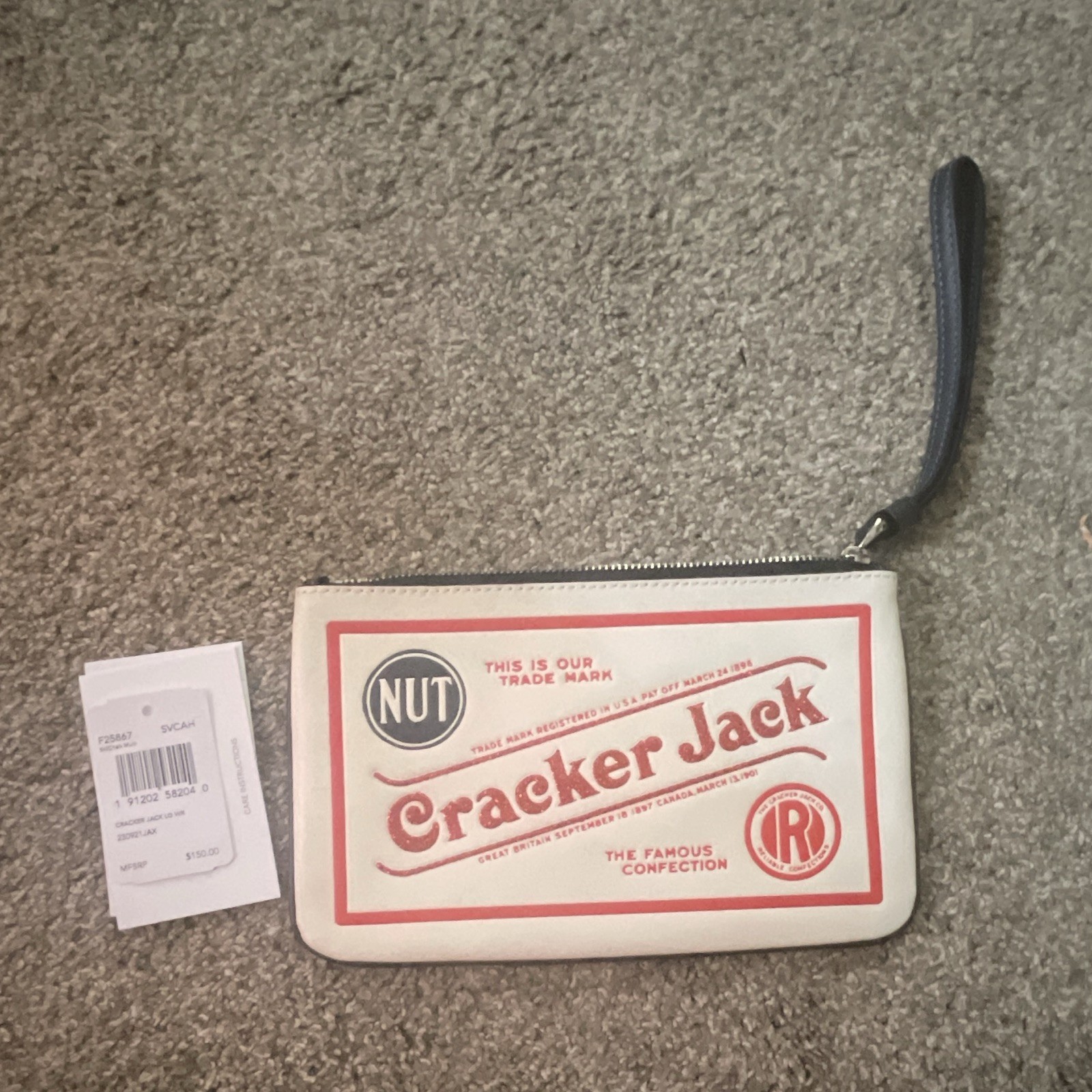 Cracker Jack Beige/Red/Black Logo Wristlet Zip Pouch w/ Wrist Strap