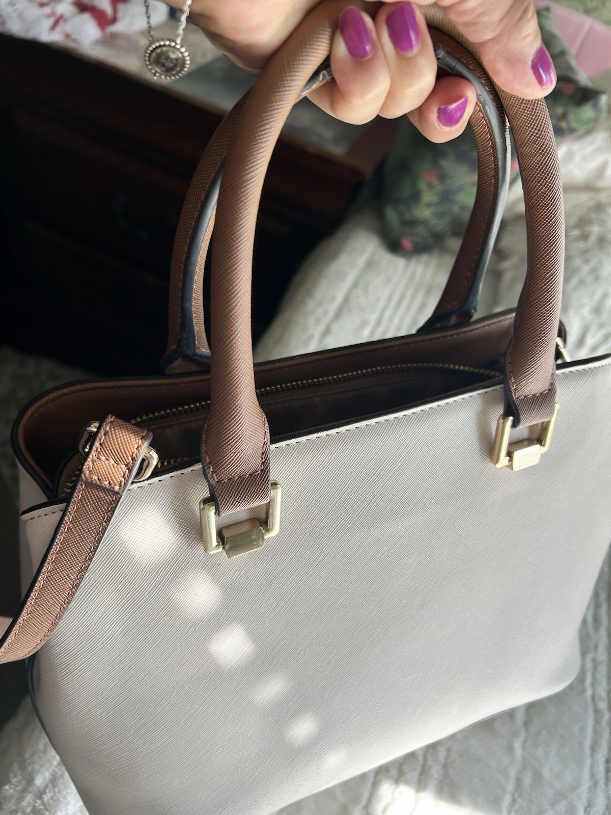 Cream and Brown ALDO Legoiri Tote Bag Features Gold-tone Hardware and Handles