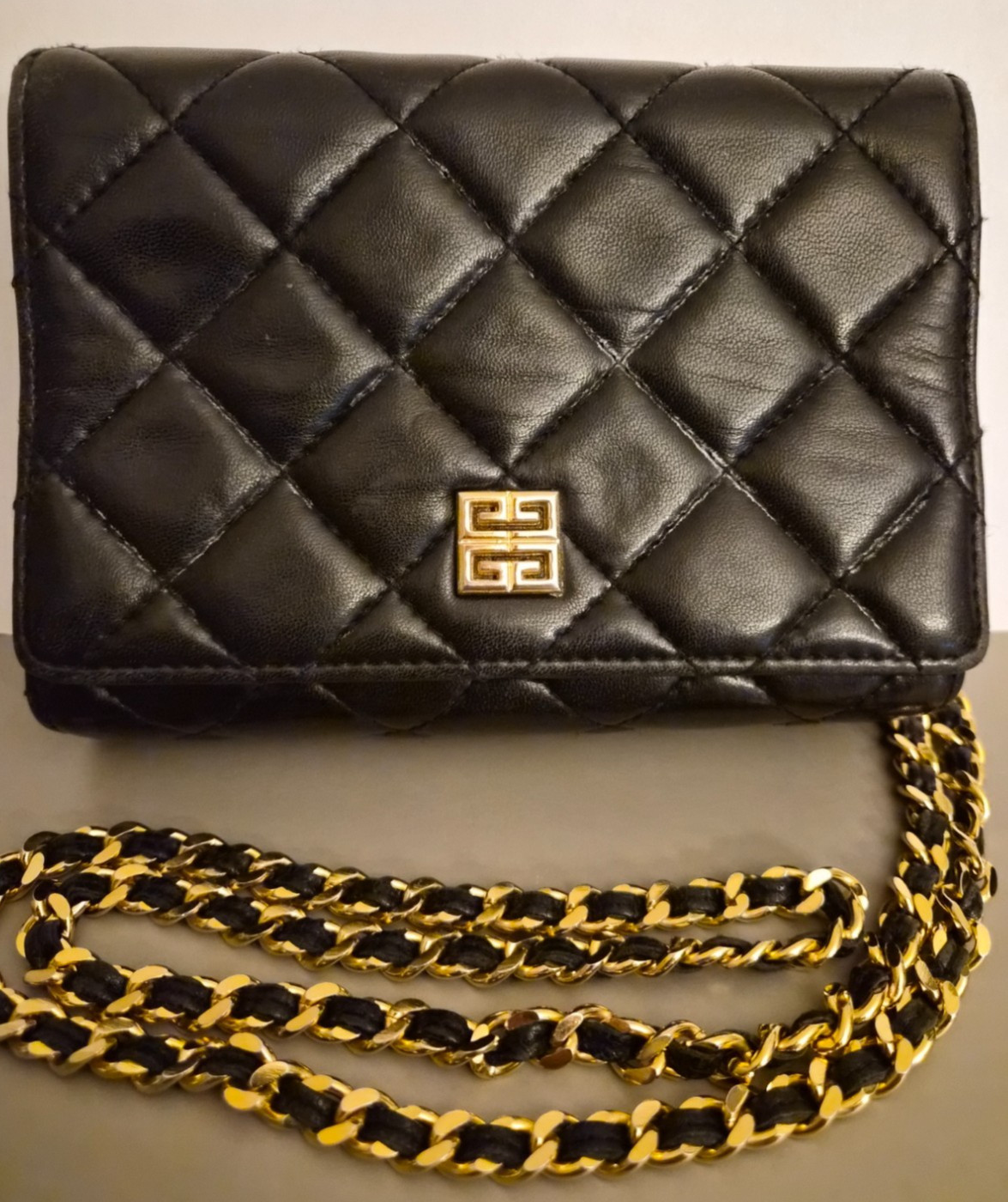 Vintage GIVENCHY Quilted Leather Chain Bag Mini Flap Black Gold 4G Logo Auth WOC