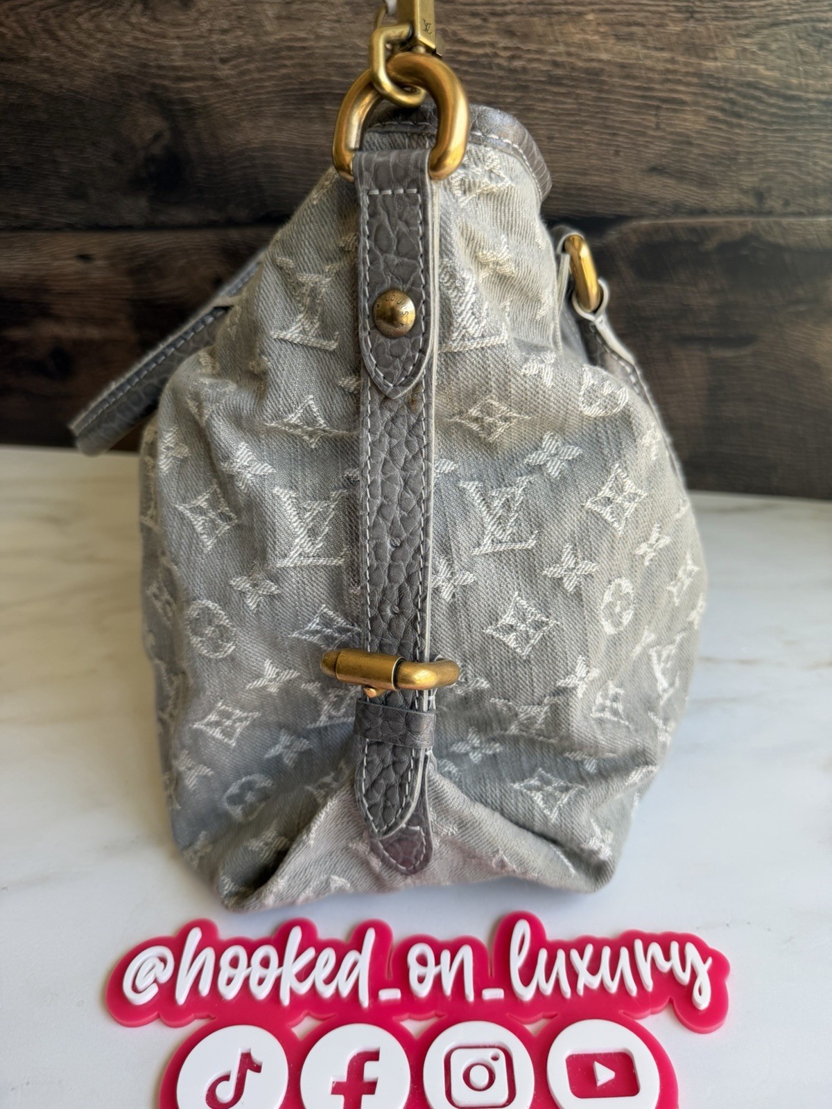 Authentic Louis Vuitton Neo Cabby Gray Denim Two Way Wear Shoulder Tote Handbag