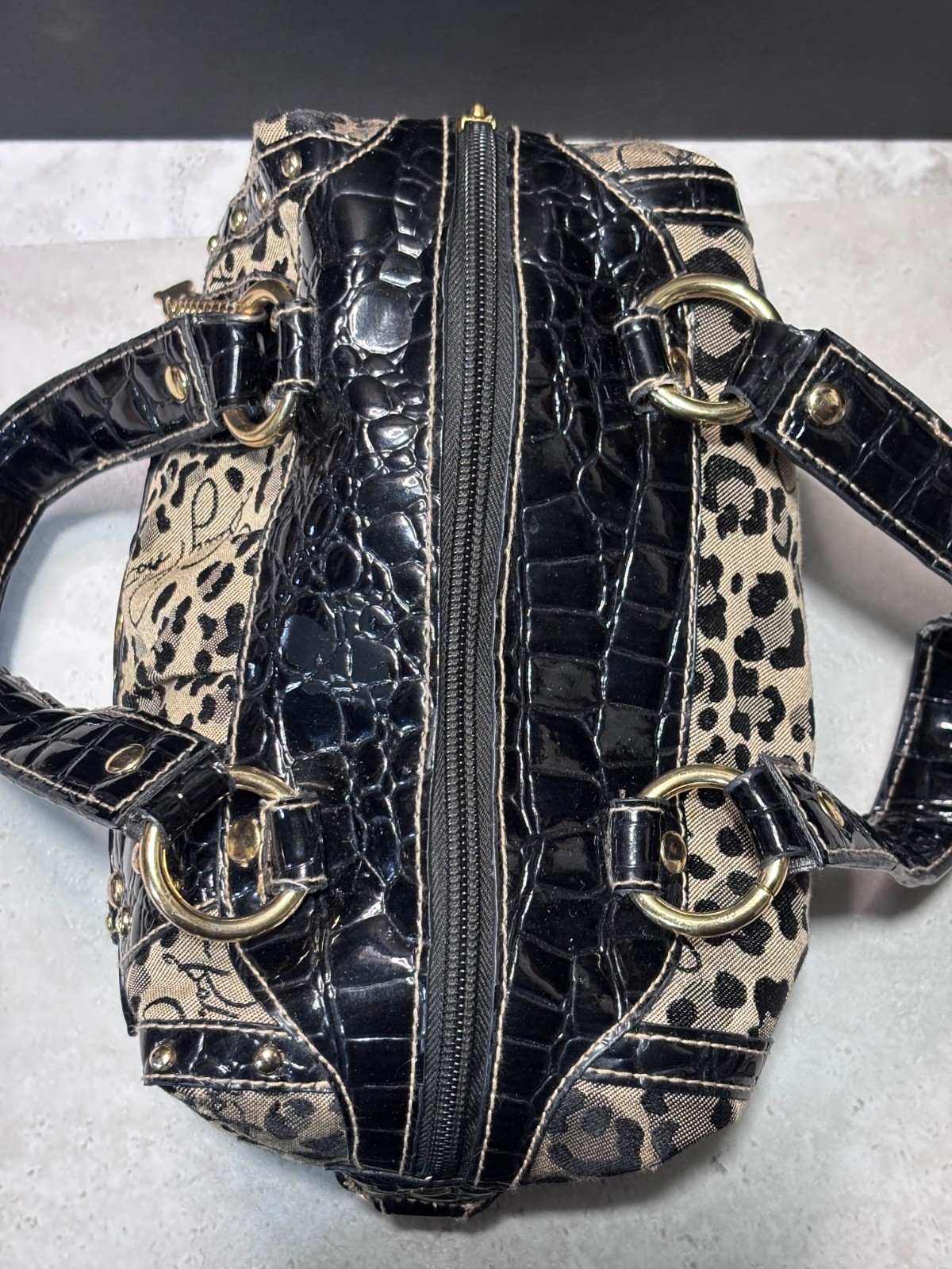 Authentic Baby Phat Feline Leopard Print Satchel Bag Y2K Cat Charm Purse