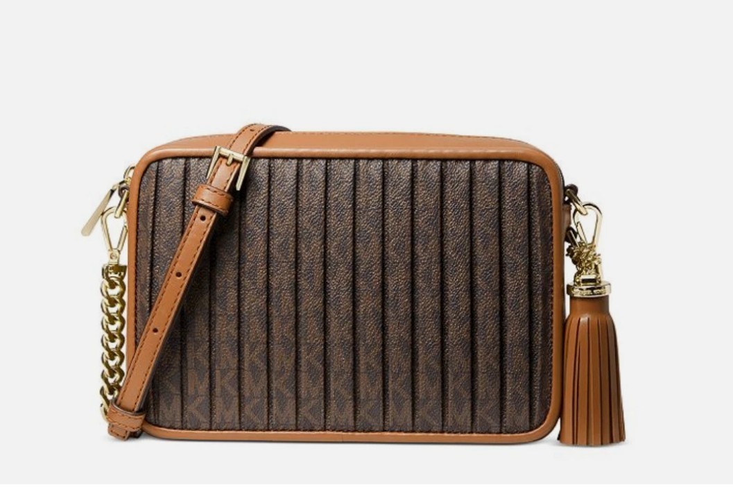 MICHAEL KORS Jet Set logo pleated coated canvas tassel crossbody bag – Acorn