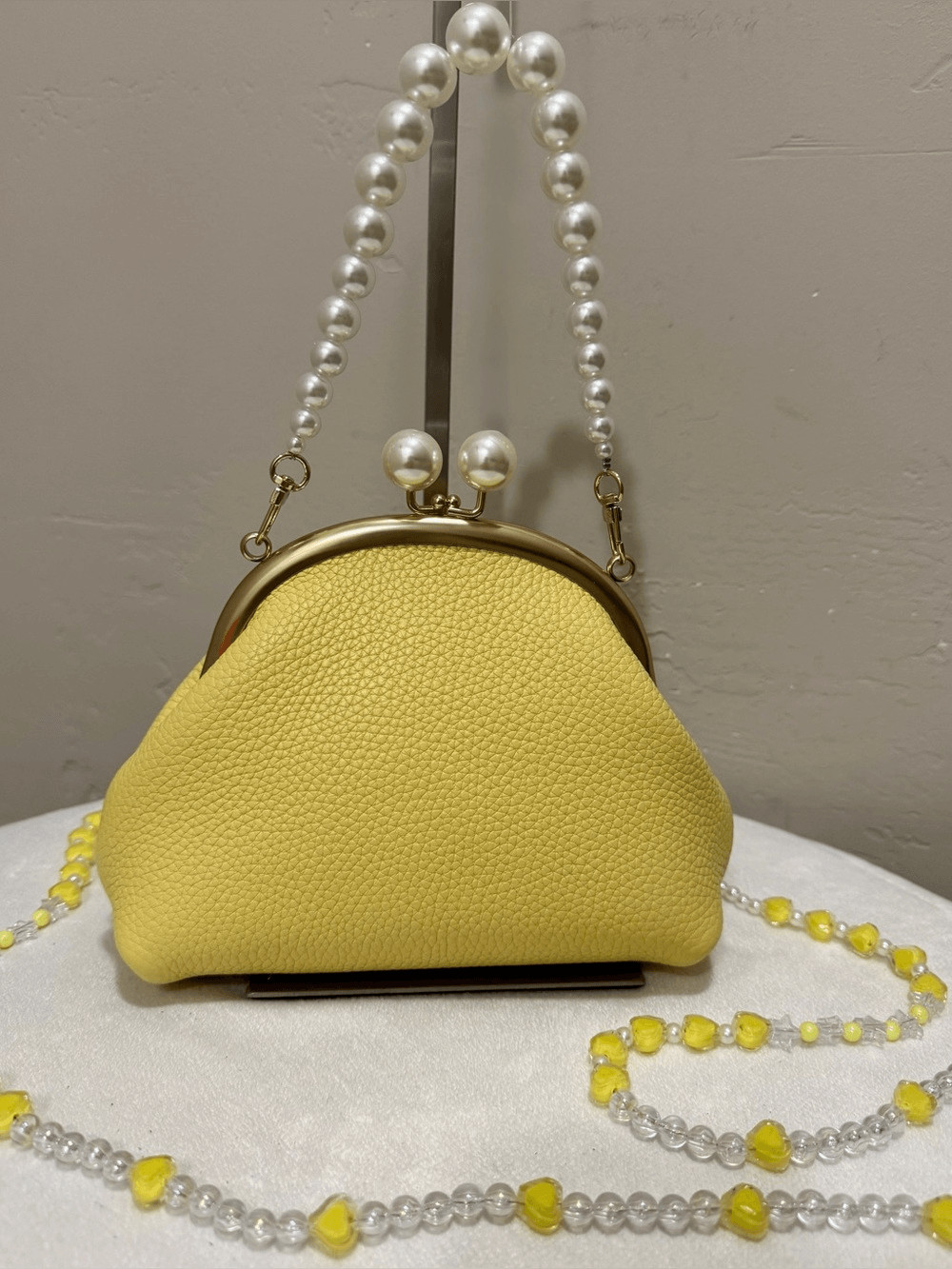 Yellow Togo Calfskin Handmade Vintage Kisslock Clutch, Wristlet, Crossbody