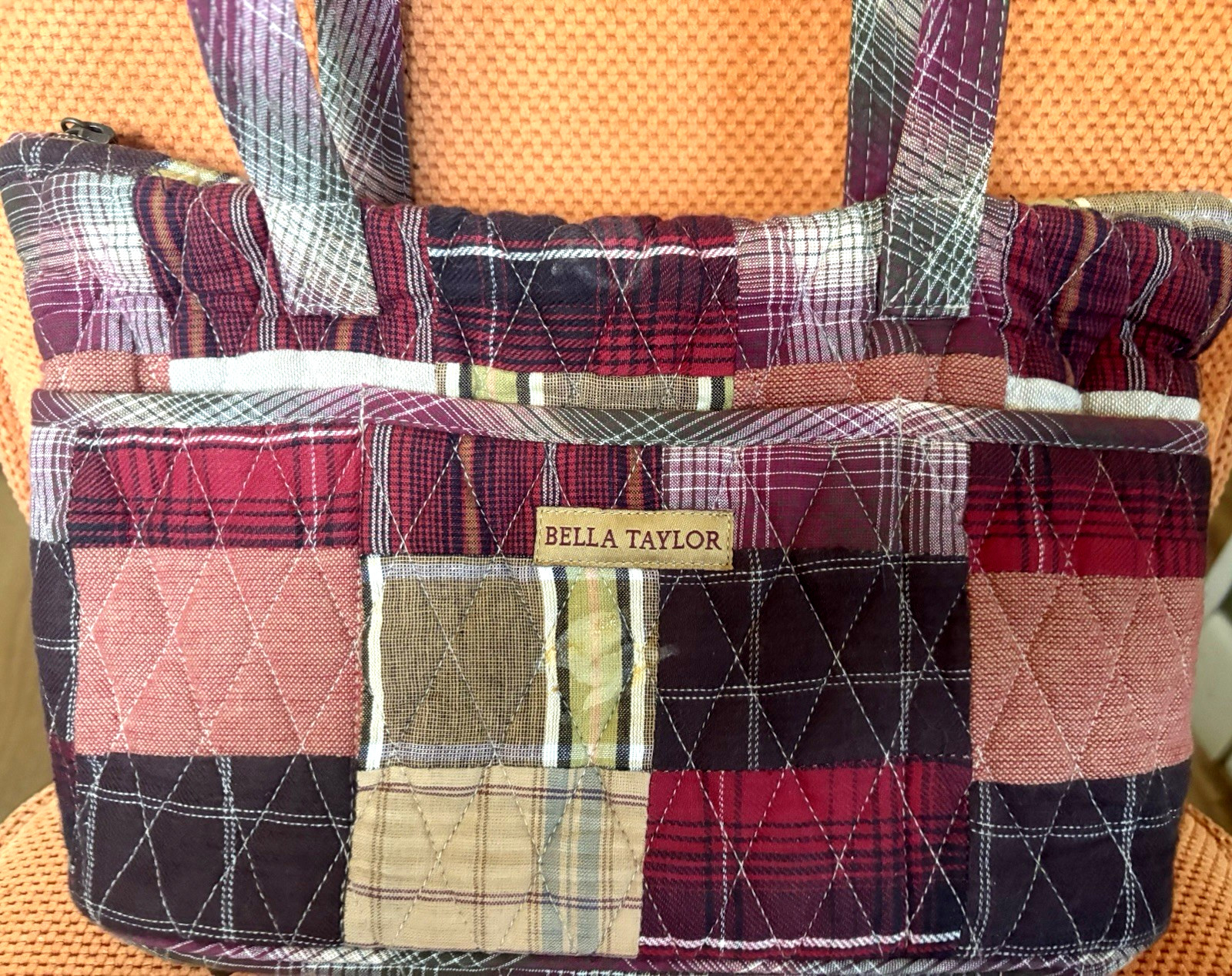 Exc BELLA TAYLOR Quilted Plaid Patchwork 100% Cotton Multi Pocket Handbag Purse