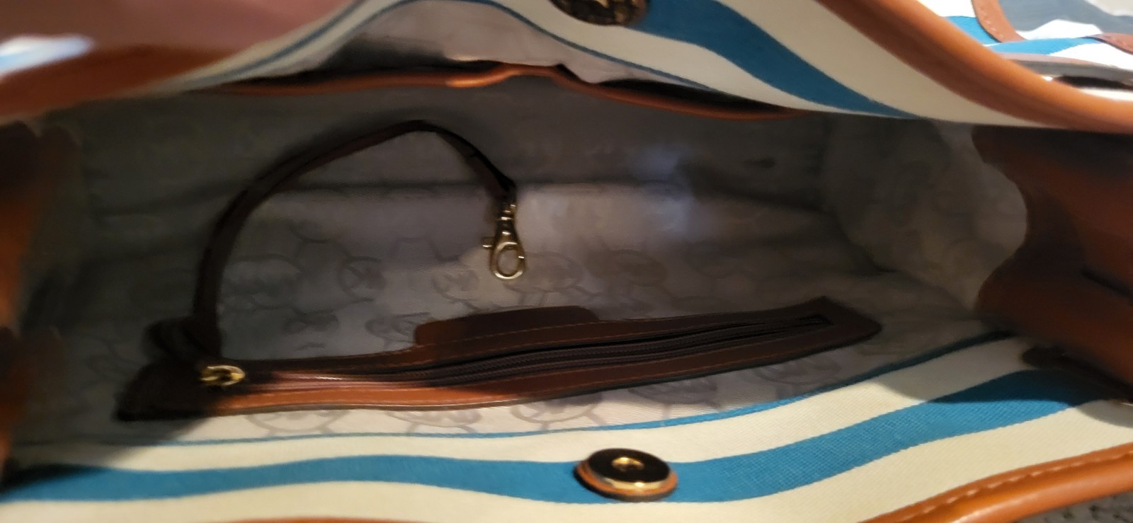 Michael Kors Blue/White Striped Satchel Top Handle Bag Lock & Key Gold Hardware