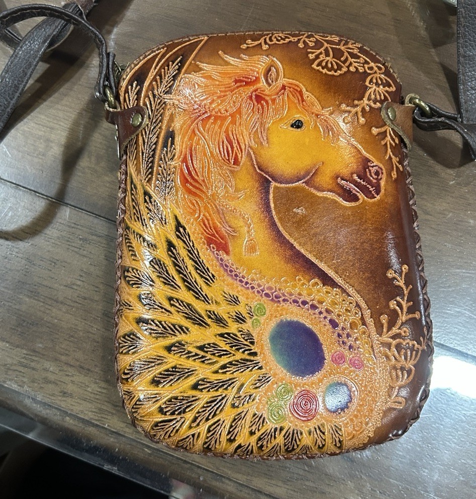 Hand Tooled Leather Crossbody w/Vibrant Horse/Pegasus Design and Shoulder Strap