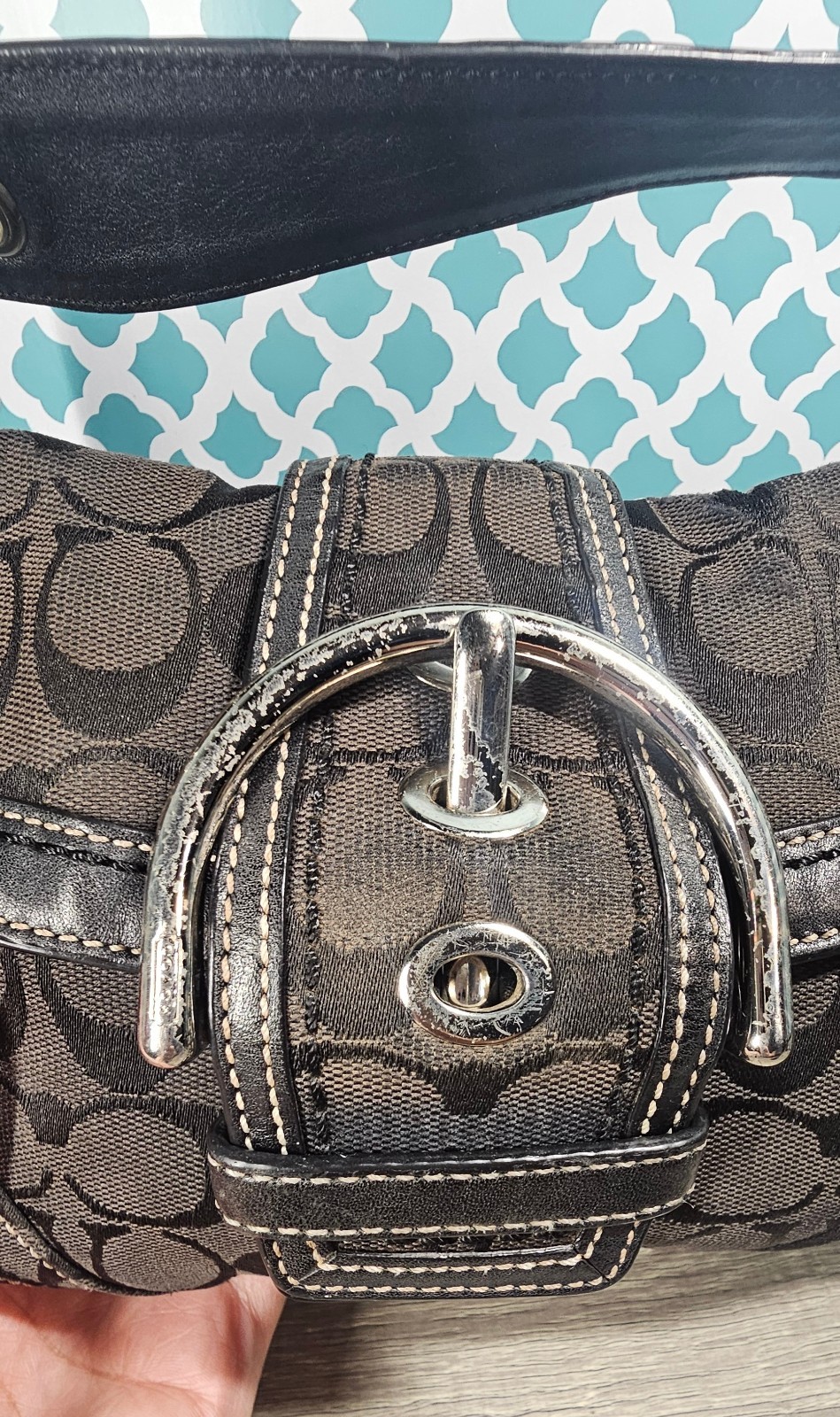 Coach Soho mini flap shoulder Signature C Jacquard bag black silver Hardware