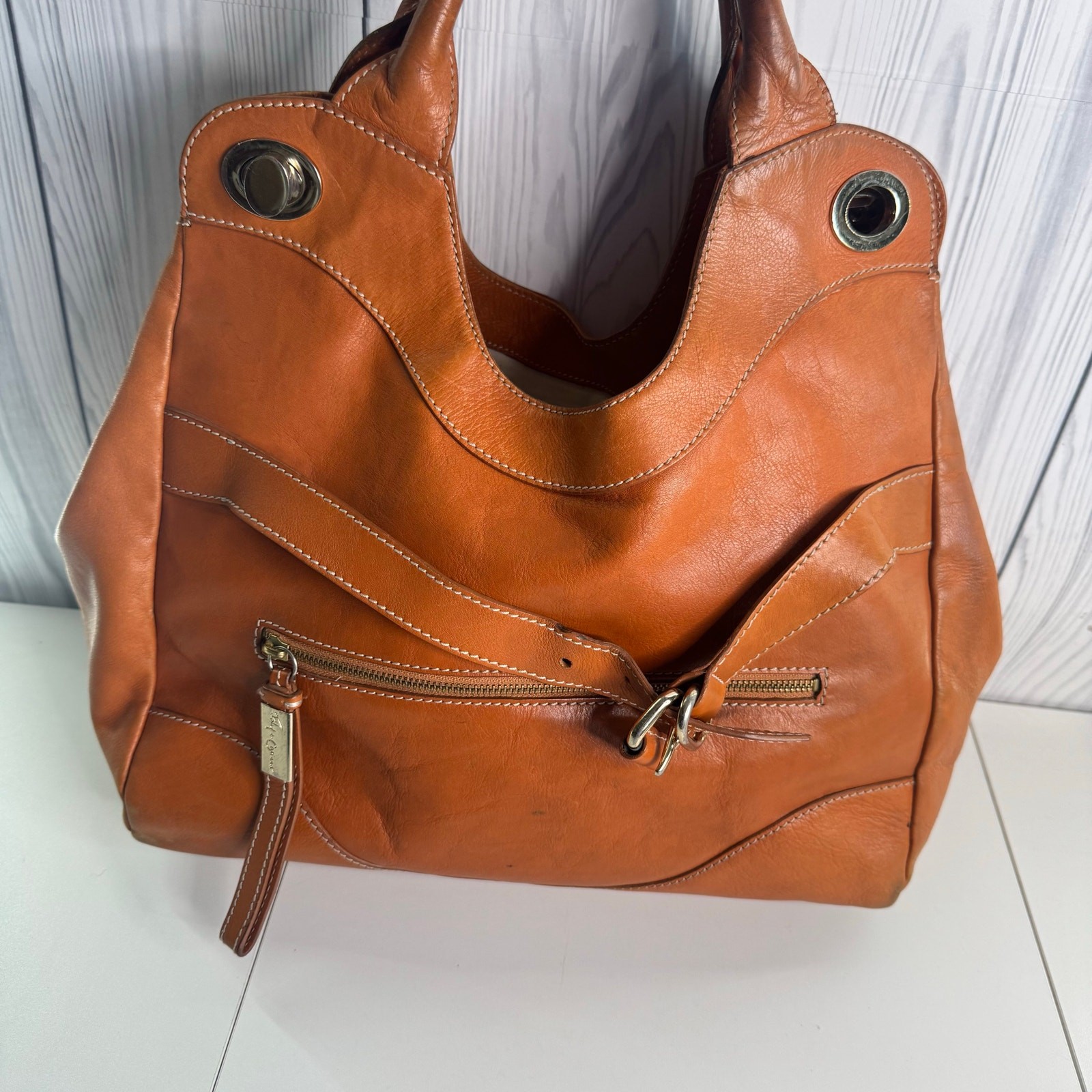 Foley & Corinna Jet Setter Large Top Handle Purse Camel Brown Leather Flaws