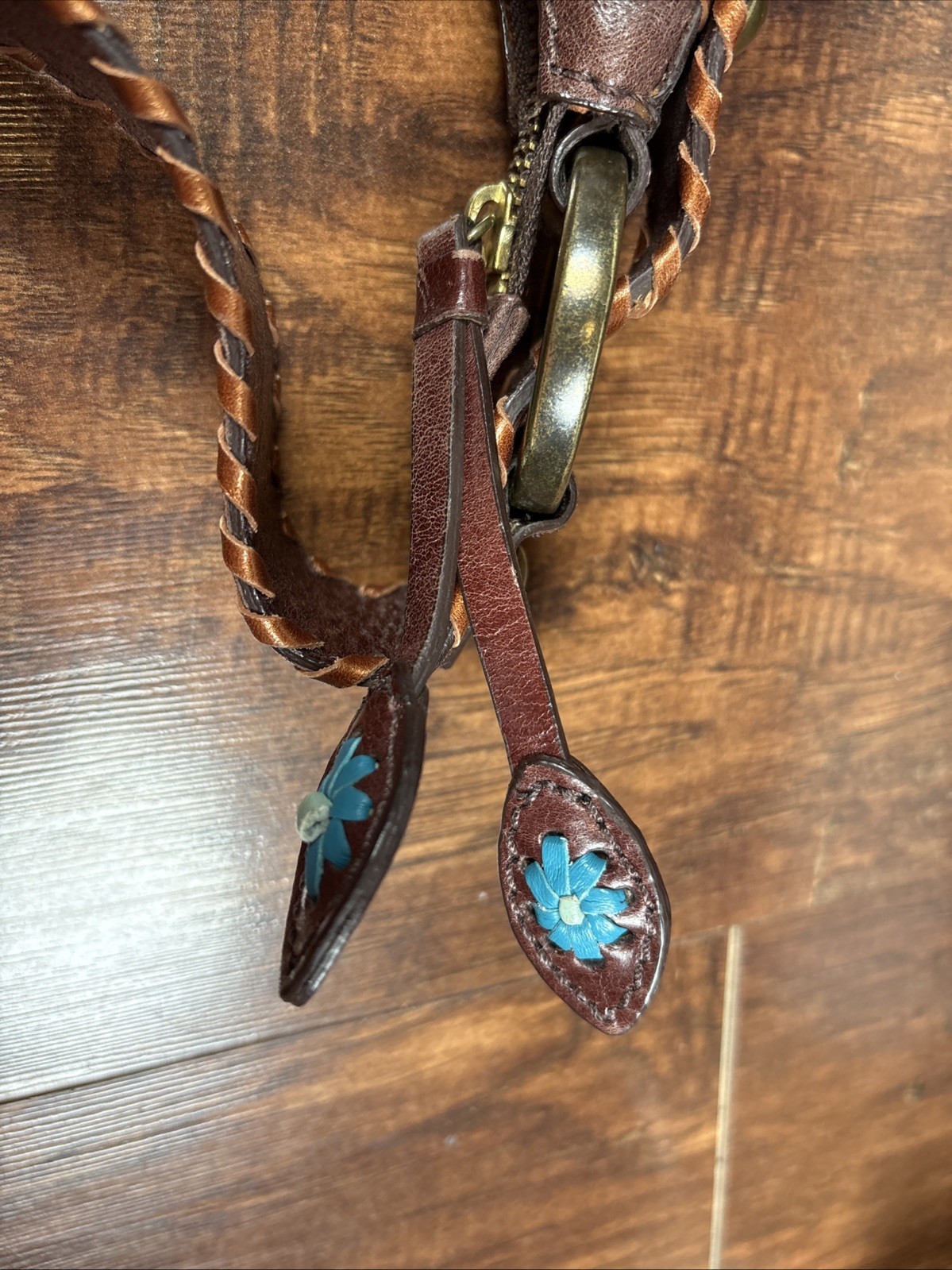 Isabella Fiore Rare Brown Leather Floral Shoulder Bag Blue Flowers Tassels Laced