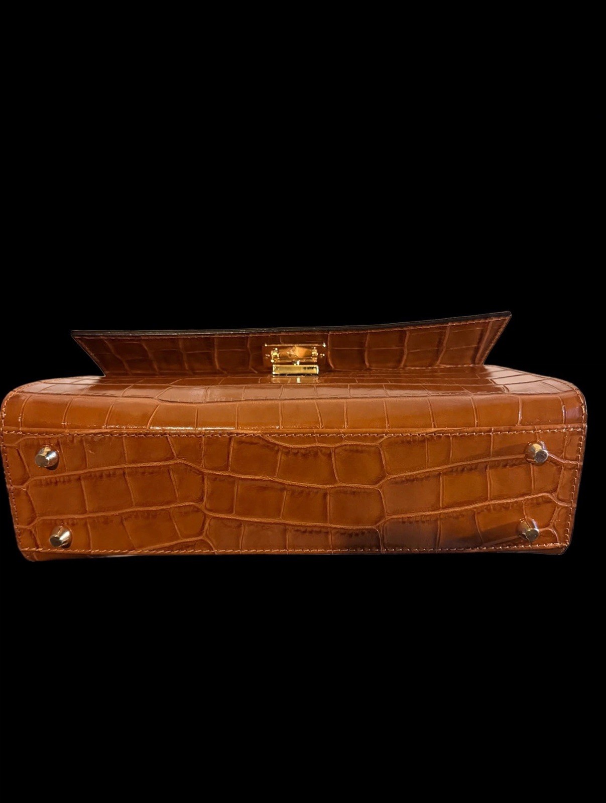 Pratesi Brown Croc Embossed Bamboo Top Handle Small Satchel Turn Lock