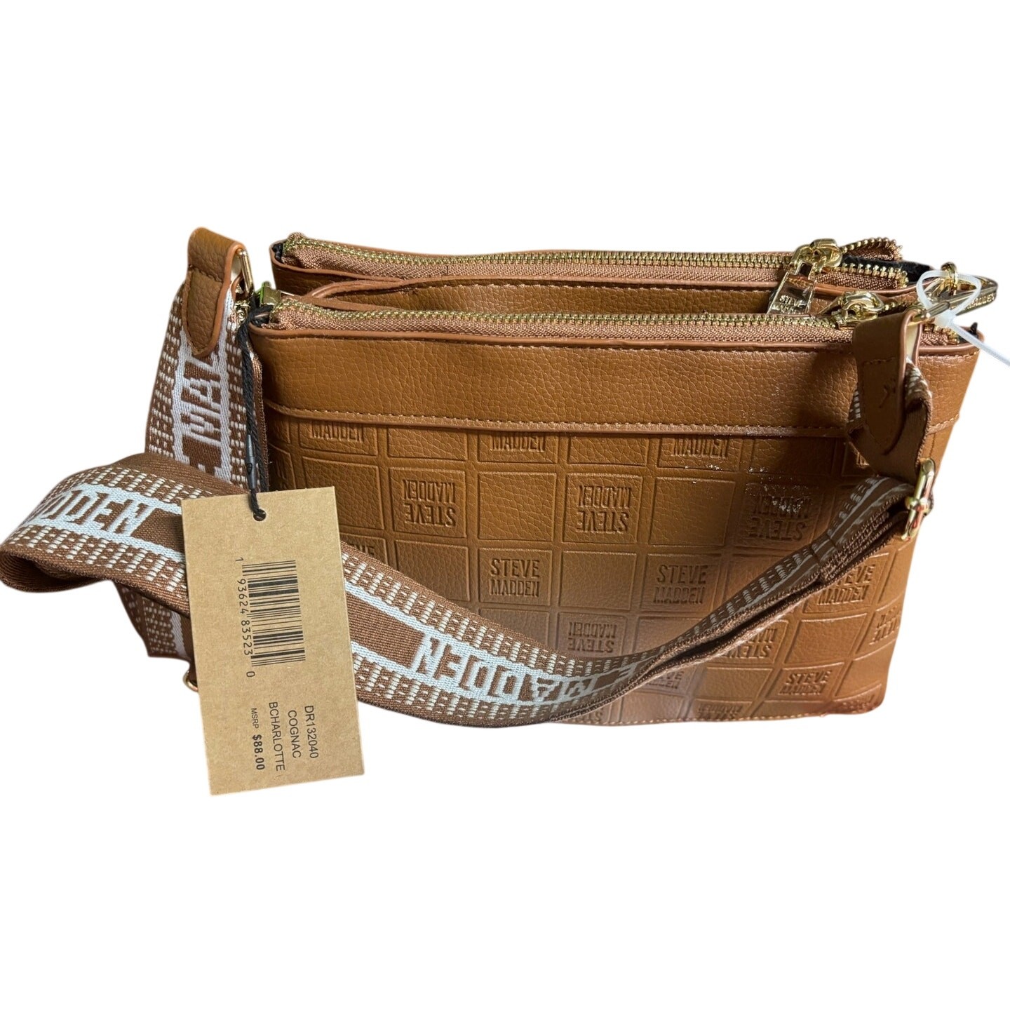 Steve Madden BCHARLOTTE Logo Embossed Triple Zip Crossbody Bag Coin Pouch Brown
