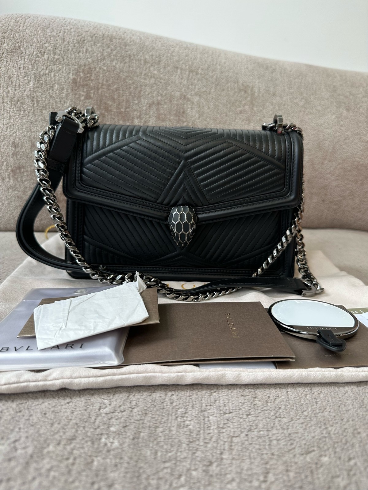 AUTH Bvlgari Serpenti Forever Black Quilted Medium Crossbody Bag