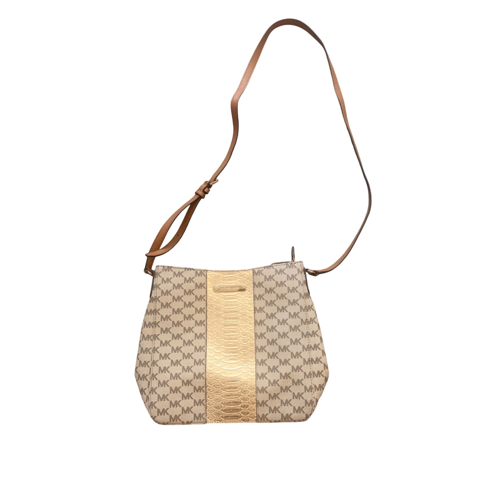Michael Kors MK Signature Monogram Crossbody Bag Gold Snakeskin Leather Trim Tan