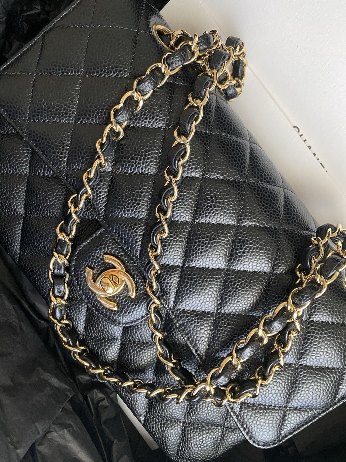 CHANEL Black Classic Flap Shoulder Bag Turn Lock Gold Hardware Chain w/Box