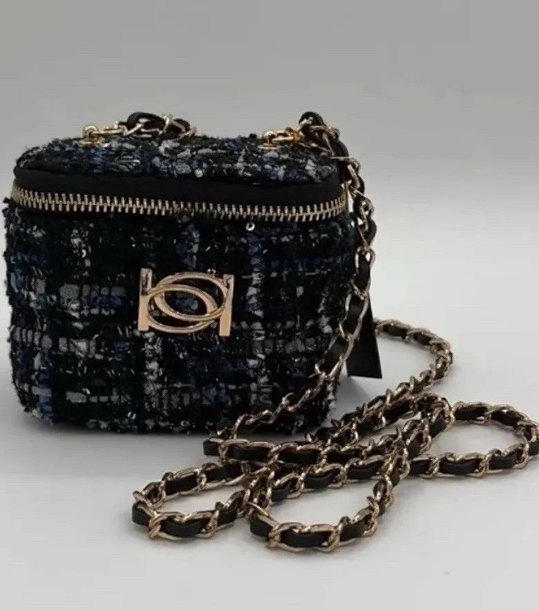 bebe Kamala Mini Square Crossbody Bag, Black, Gold Chain Strap, Zip Closure