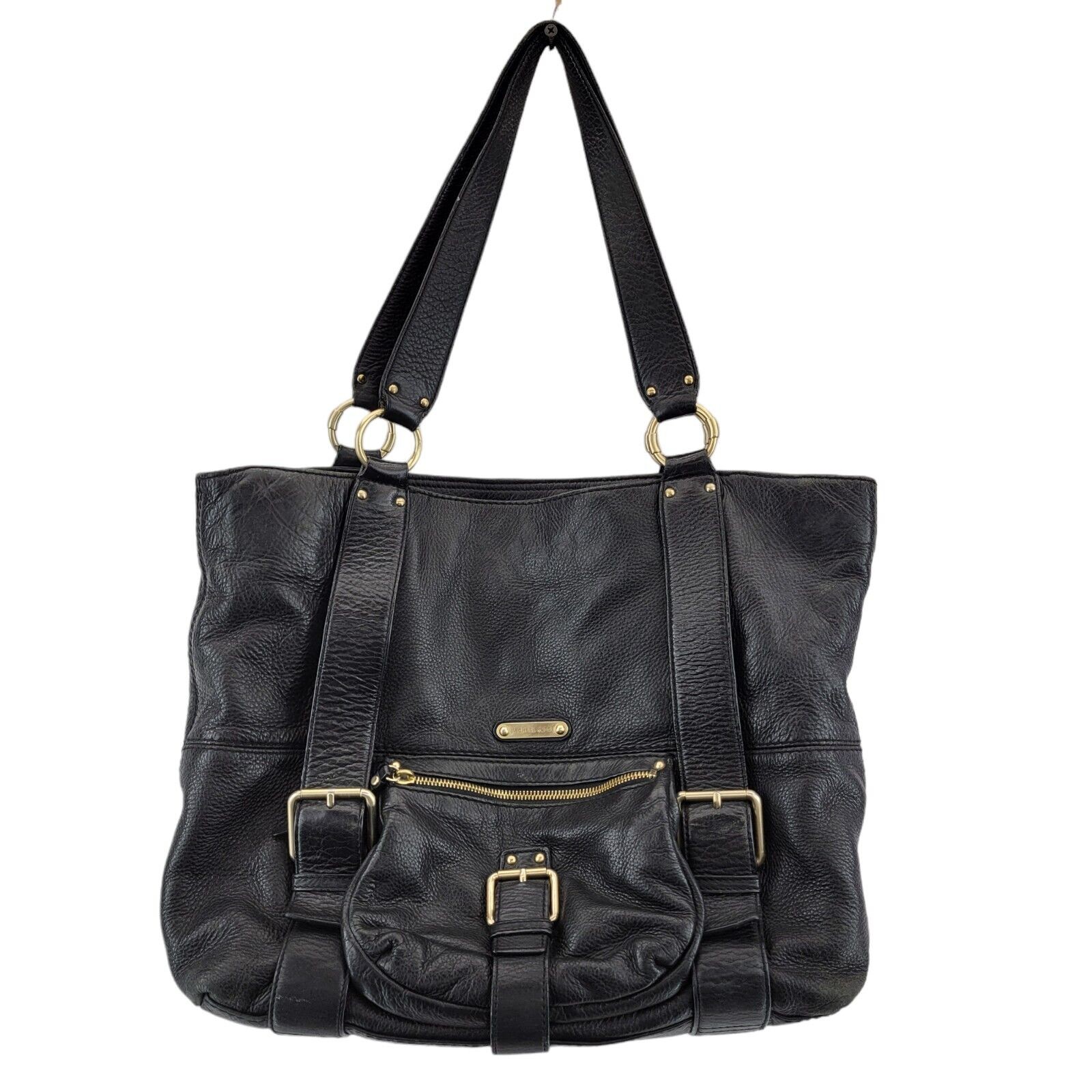Michael Kors Black Leather Tote Bag Shoulder Bag Gold Tone Hardware 17x12x5.5