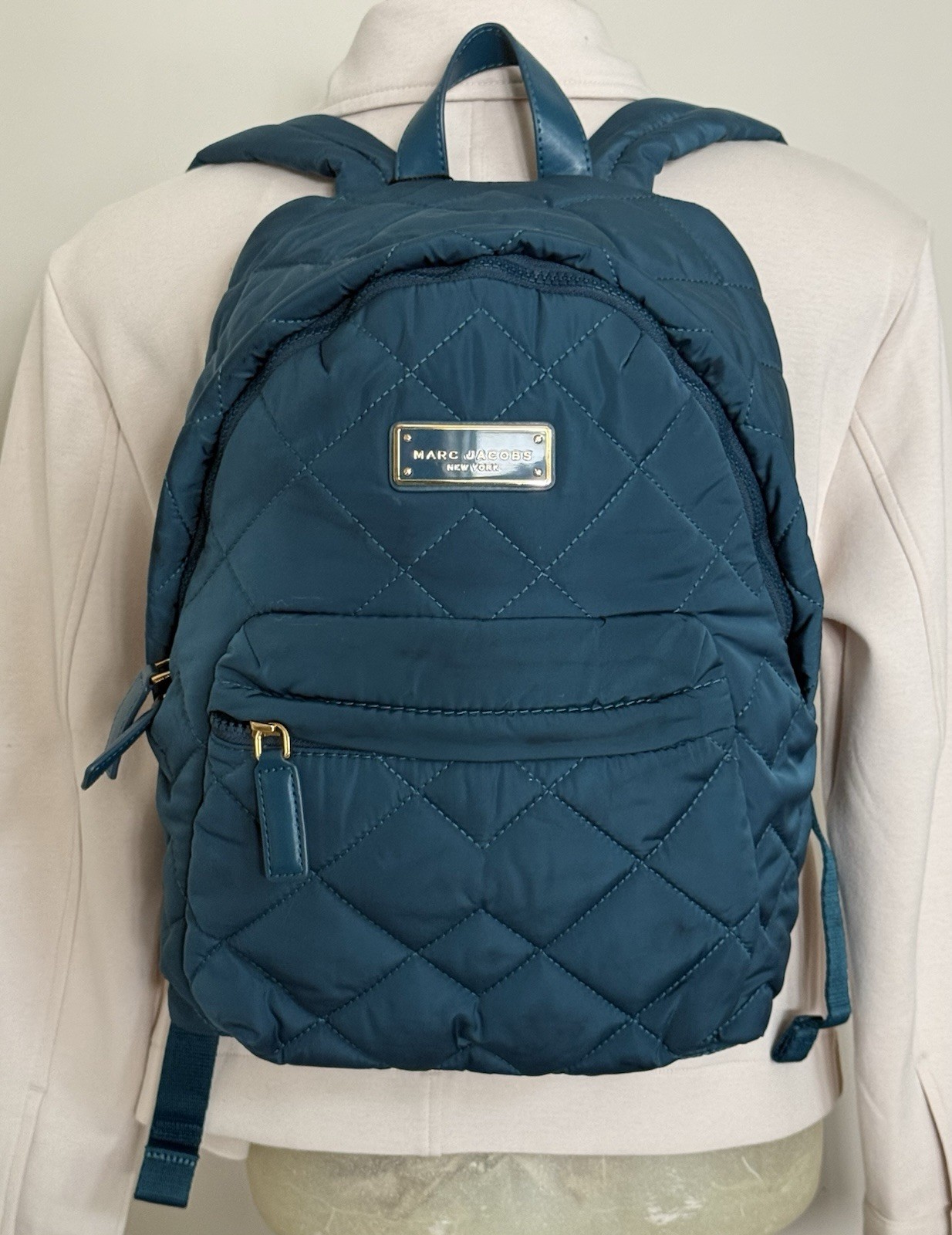 Marc Jacobs Crosby Quilted Nylon Backpack Teal Green Zip Pocket Adjustable New
