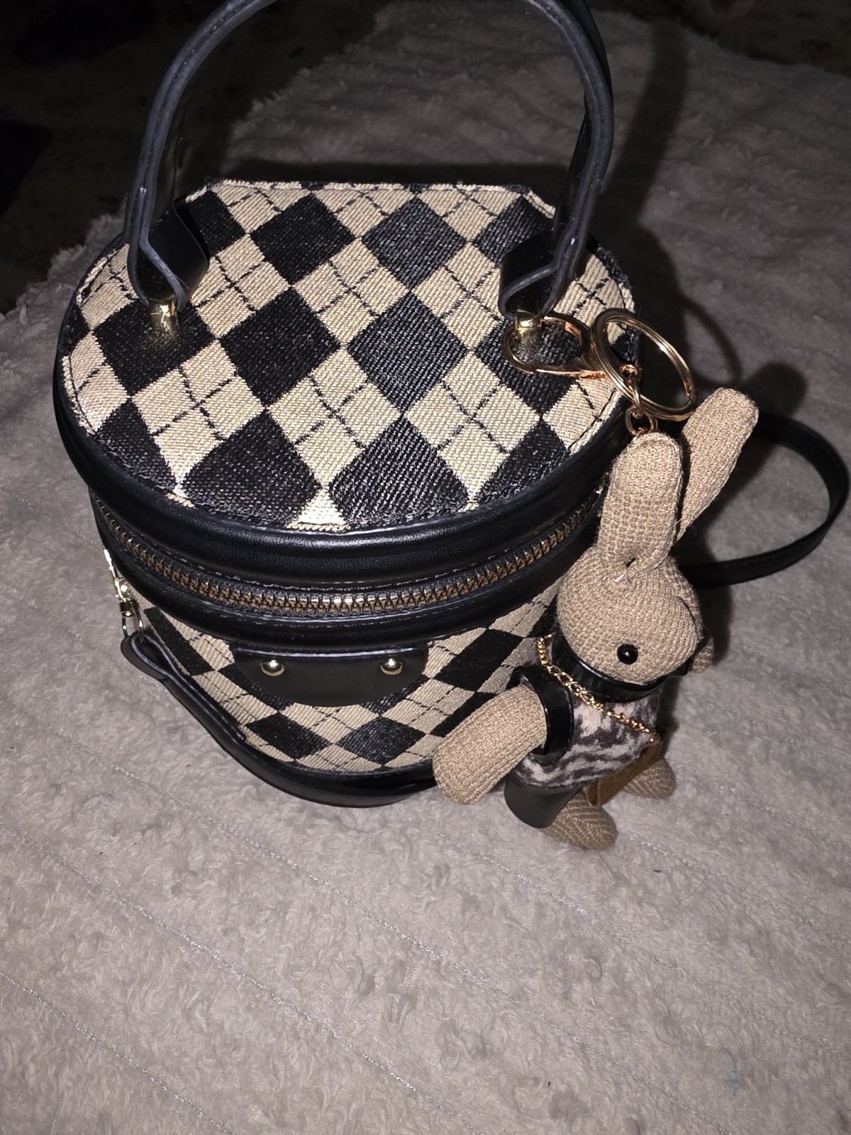 Black/Beige Checkered Round Crossbody Bag, Zip Closure, Gold Hardware, Bunny