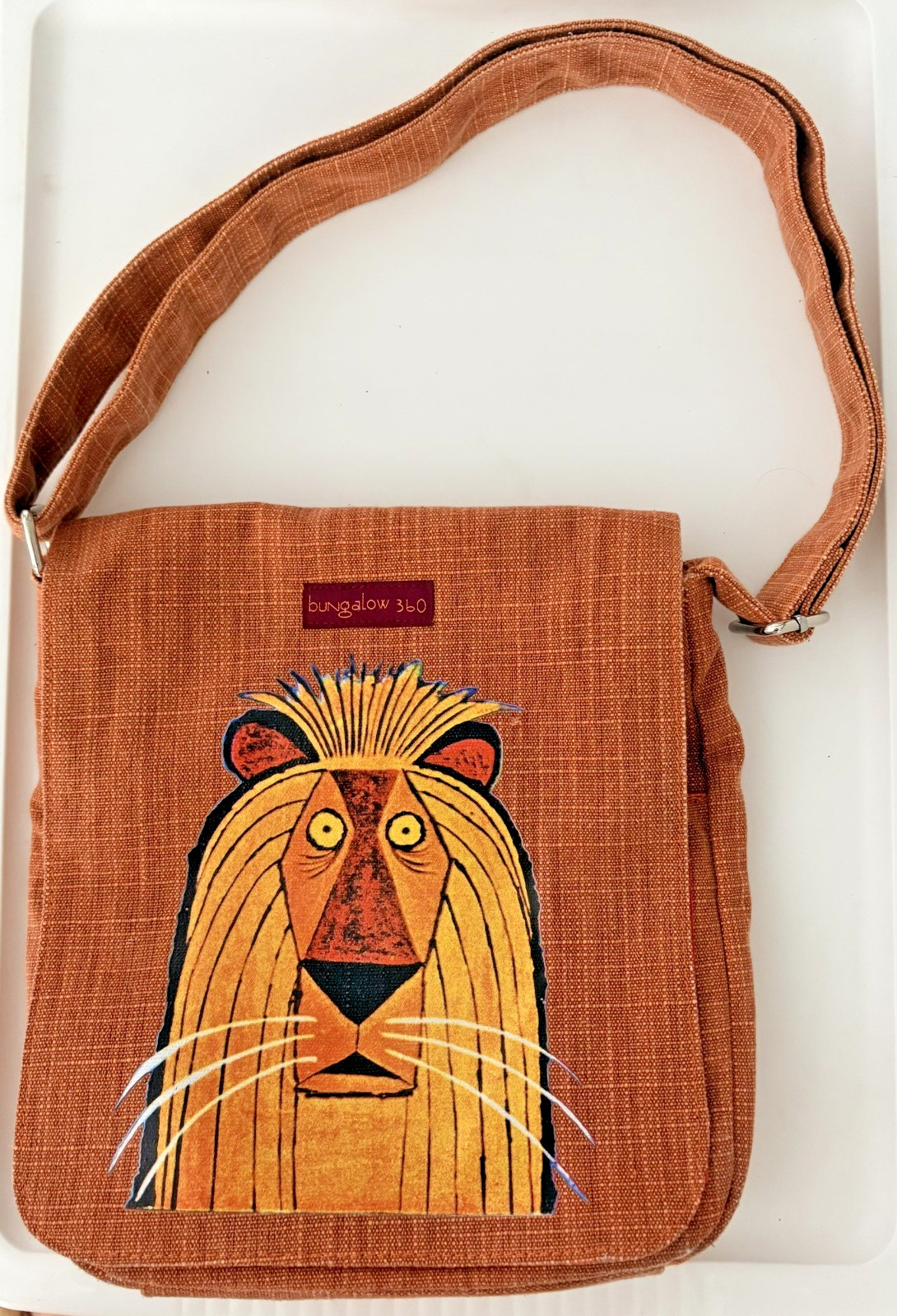 Bungalow 360 Animal Print Lion Graphic Zip Crossbody Bag, Rust w/Red Lining