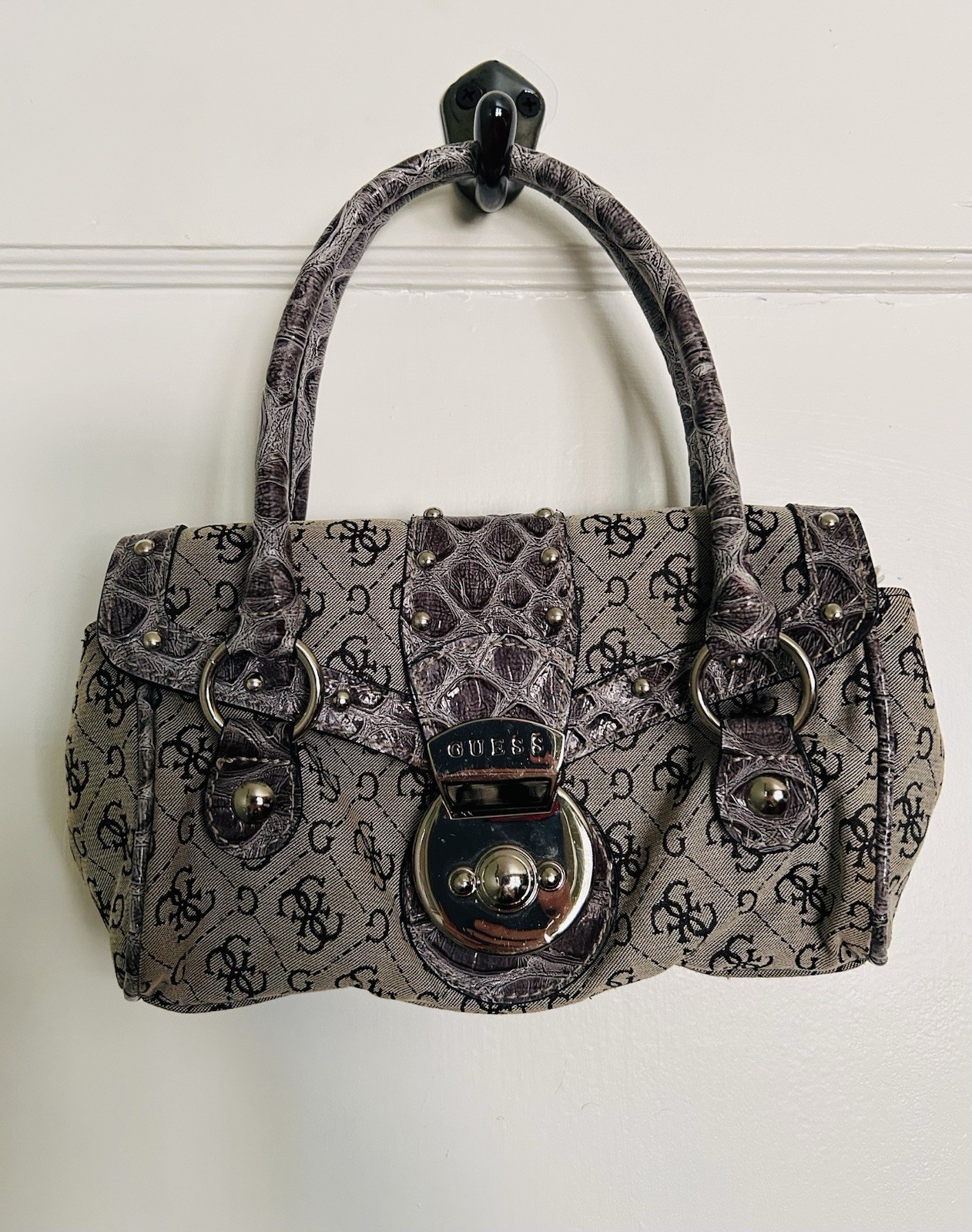 GUESS Y2K Vintage Monogram Croc Trim Gray Beige Logo Sicily Minis Shoulder Bag