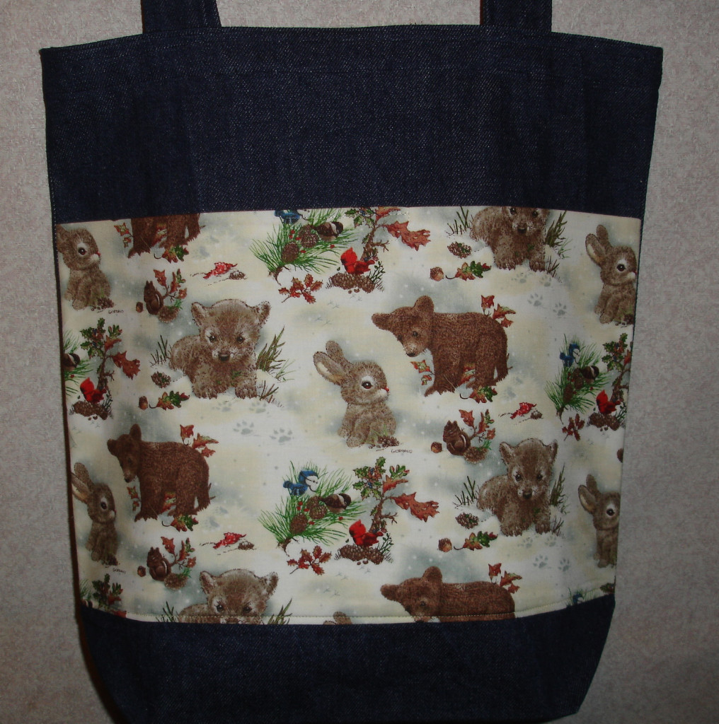 NEW Handmade Bunny Bear Cub Wildlife Winter Denim Tote Bag