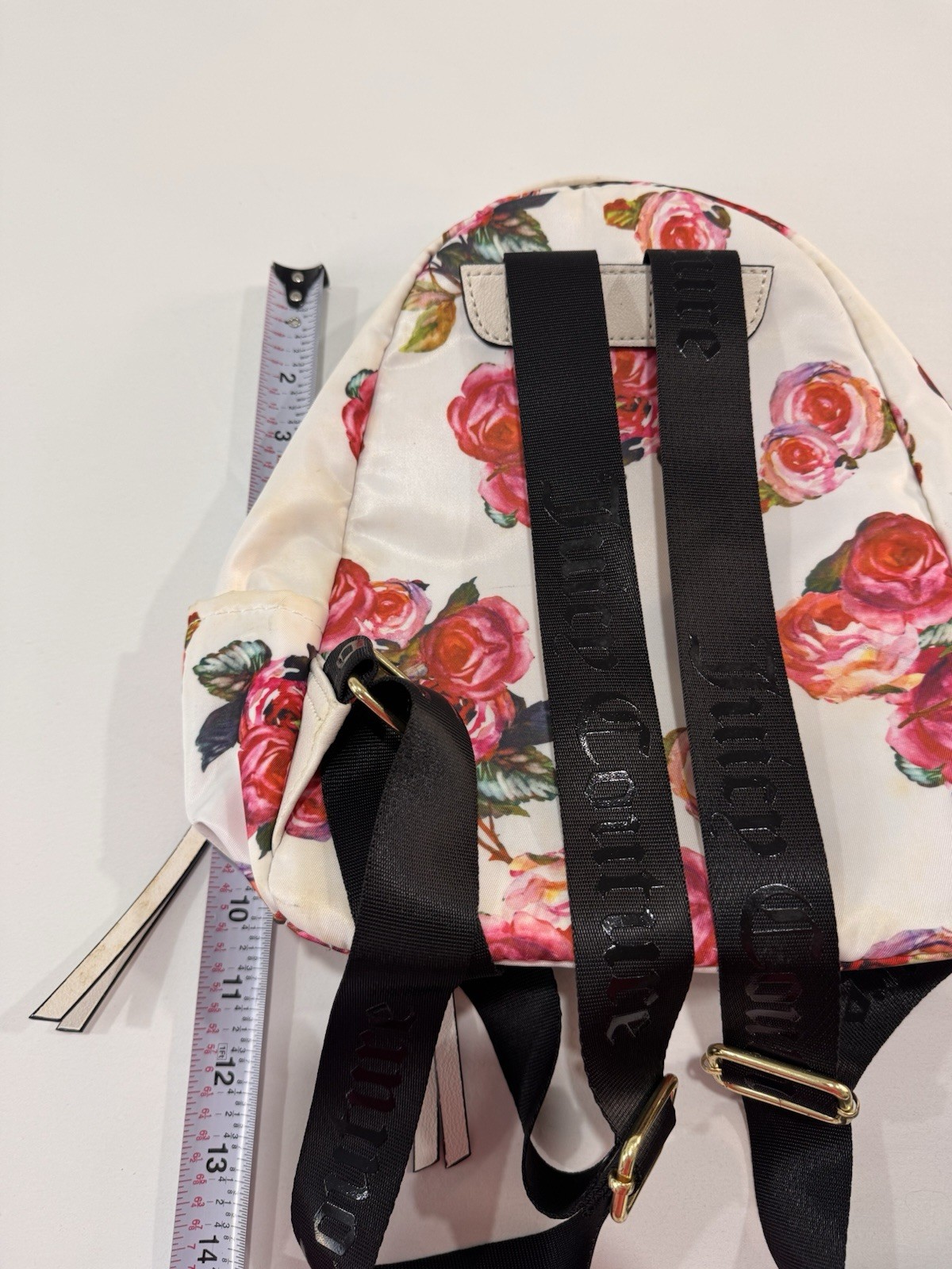 Juicy Couture Floral Mini Backpack White Satin Rose Print Gold Logo Bookbag Bag