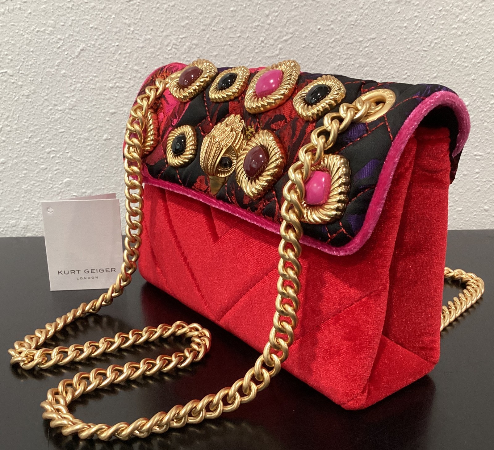 Kurt Geiger Mini Kensington 8″ x 5.5″ x 2.5″ Floral Fabric Pink Red Velvet Gems