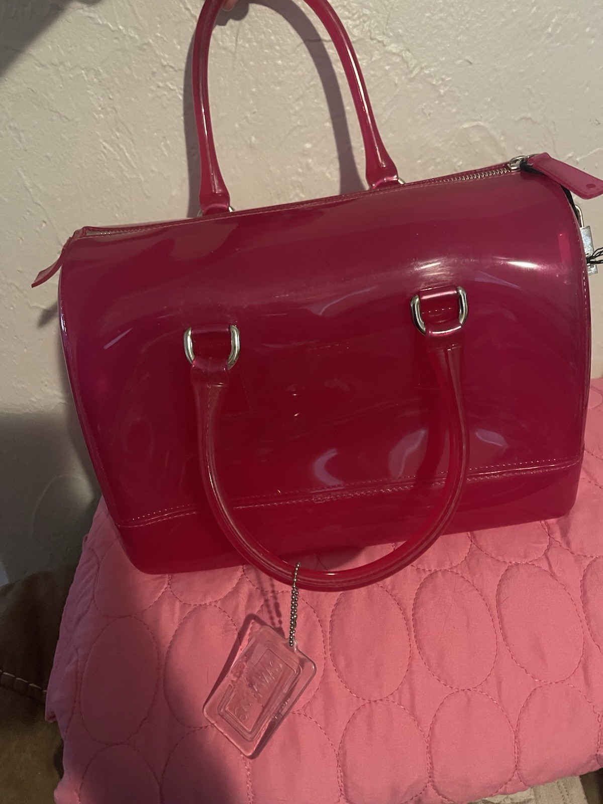Furla Candy Bag Pink Satchel Lock Charm Brand Logo Silver Hardware