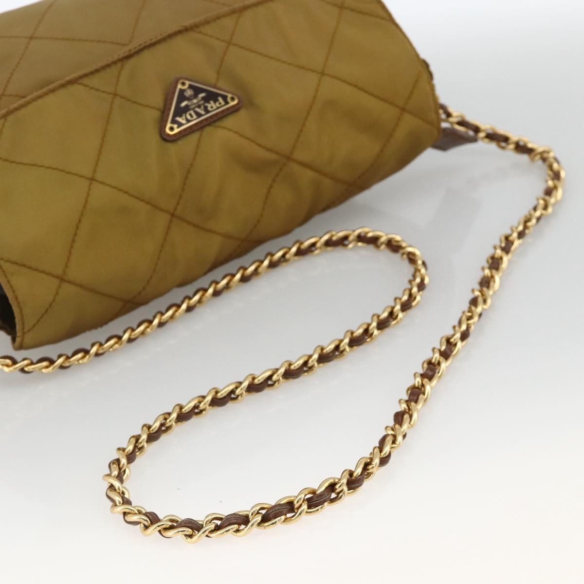PRADA Chain Shoulder Bag Nylon Beige Gold Auth YKZ873