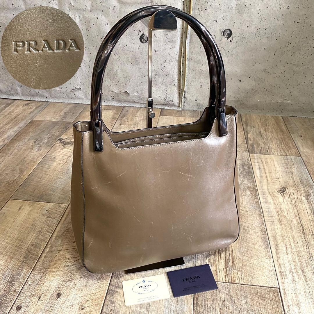 Prada Vitello Leather Handbag Tote Bag Beige Logo Italy Vintage 31.5cm 45cm