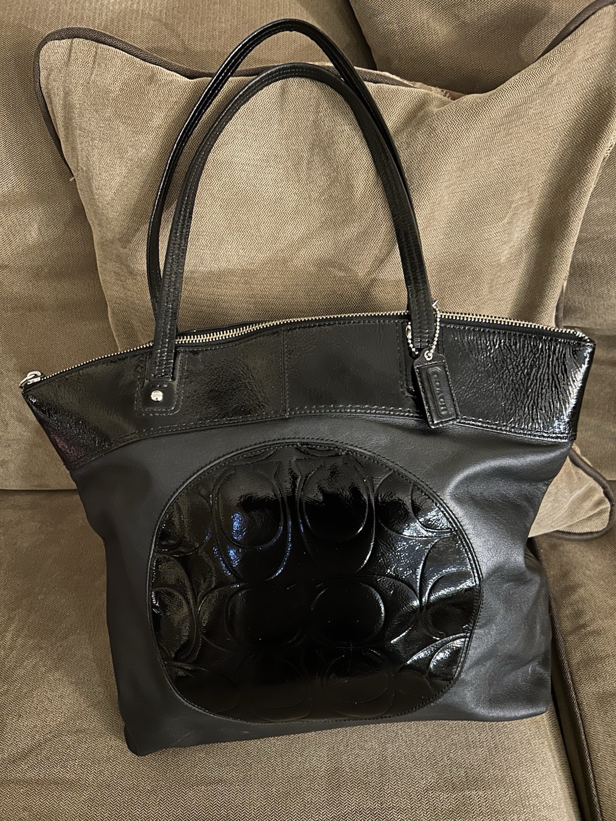 Coach Laura Signature Black Leather Patent Embossed C Logo Tote Bag
