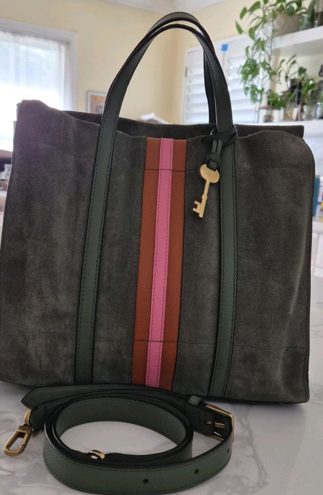 Fossil Carmen Vintage Crossbody Shoulder Tote Green Leather Suede Purse