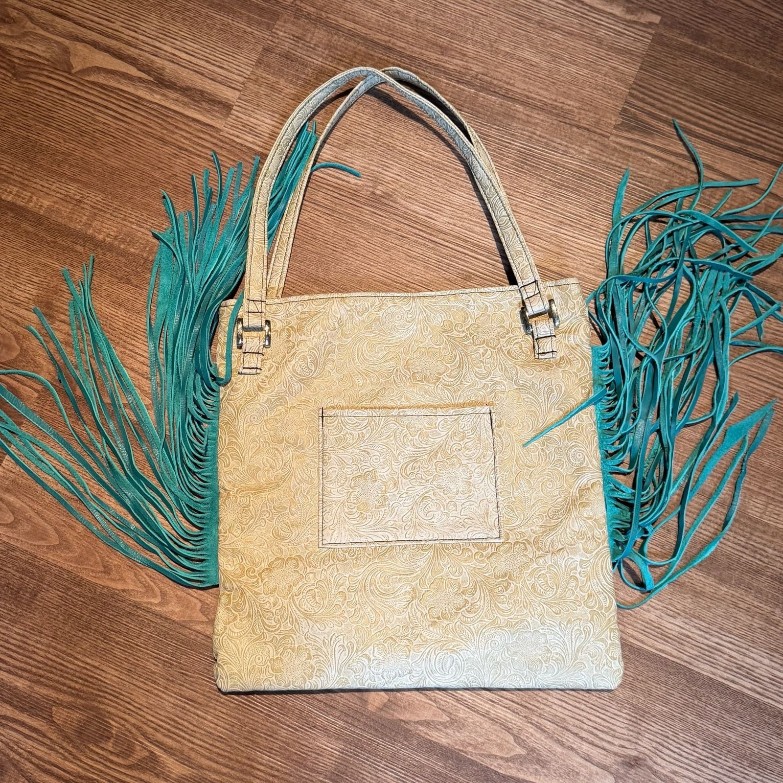 Western Cowhide Horse Tote Bag Tooled Leather Turquoise Fringe Purse 14”