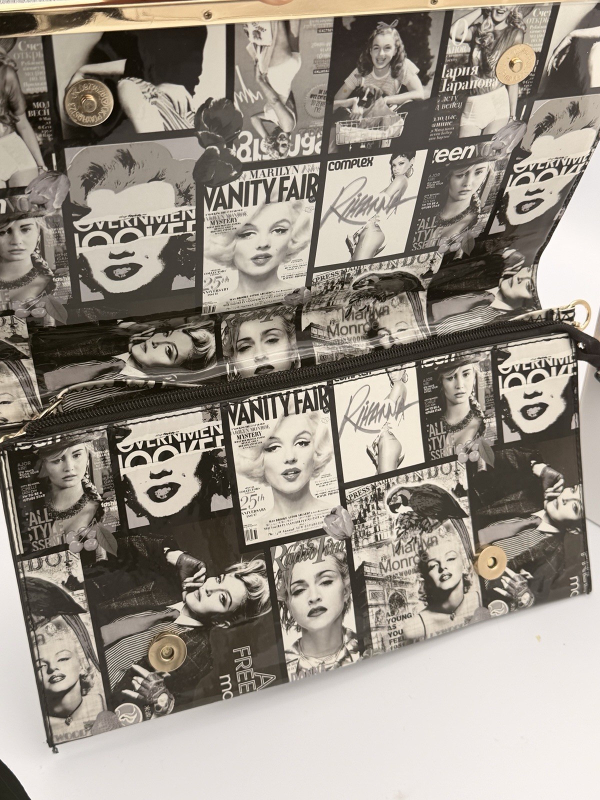 Marilyn Monroe Magazine Print Clutch Wallet Purse Bag Vintage Photo Collage Gold