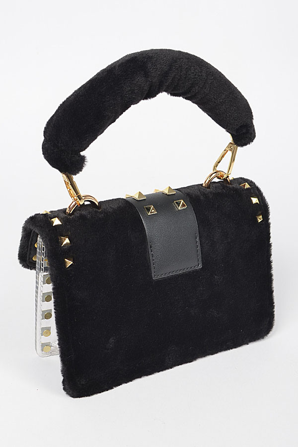 handbags women Faux Fur Clear Studded Bag WITH FAUX FUR POUCH AND SHOULDER STRAP