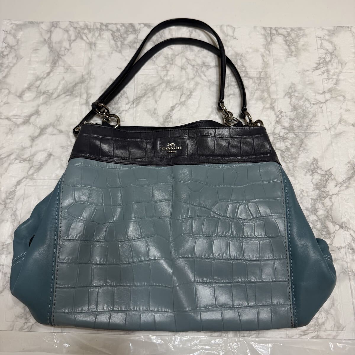 COACH Crocodile Pattern Synthetic Leather Handbag Indigo Rare