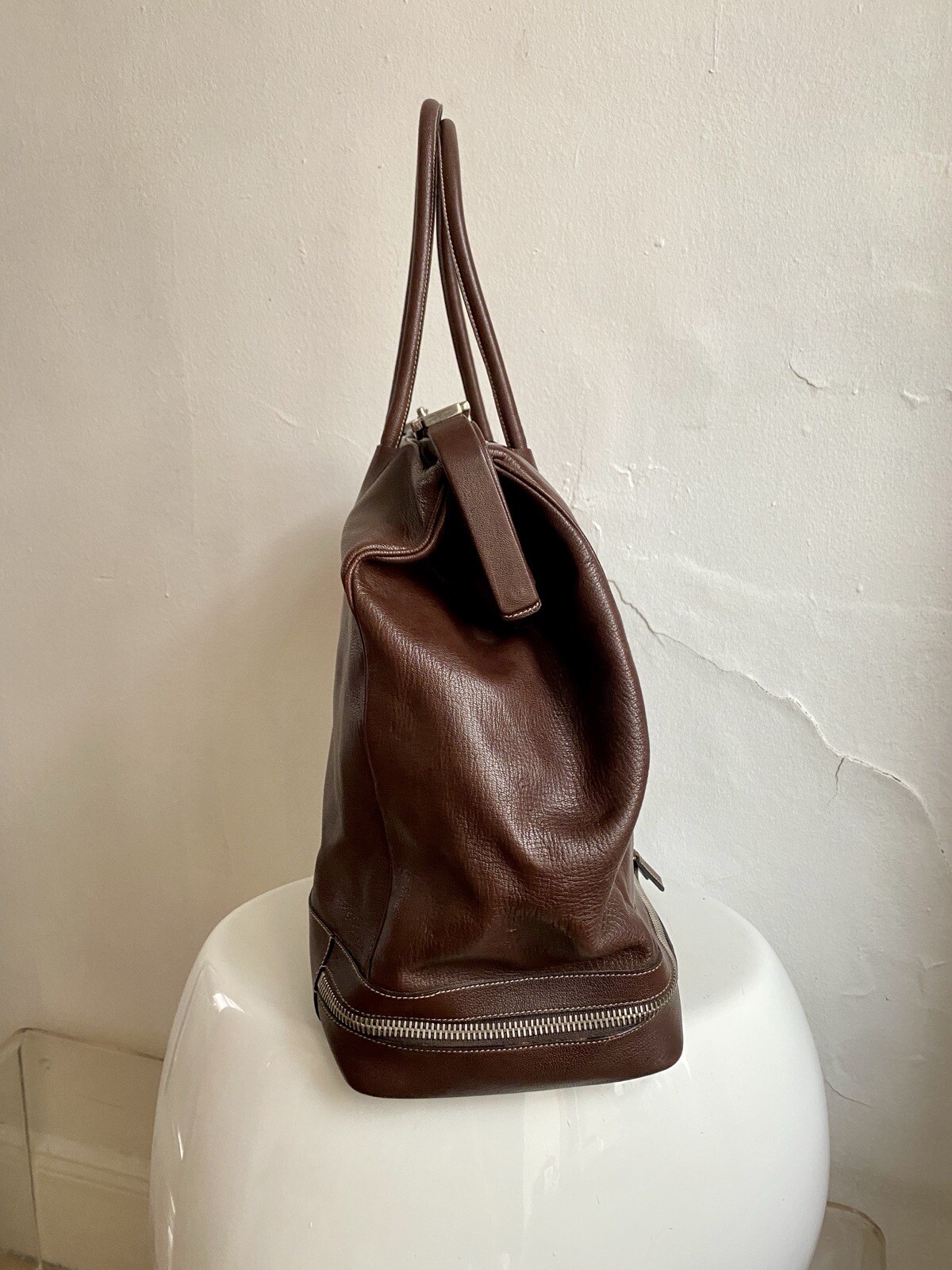 Authentic Prada Madras Cerniera Doctor Bag Dark Brown Leather Lg