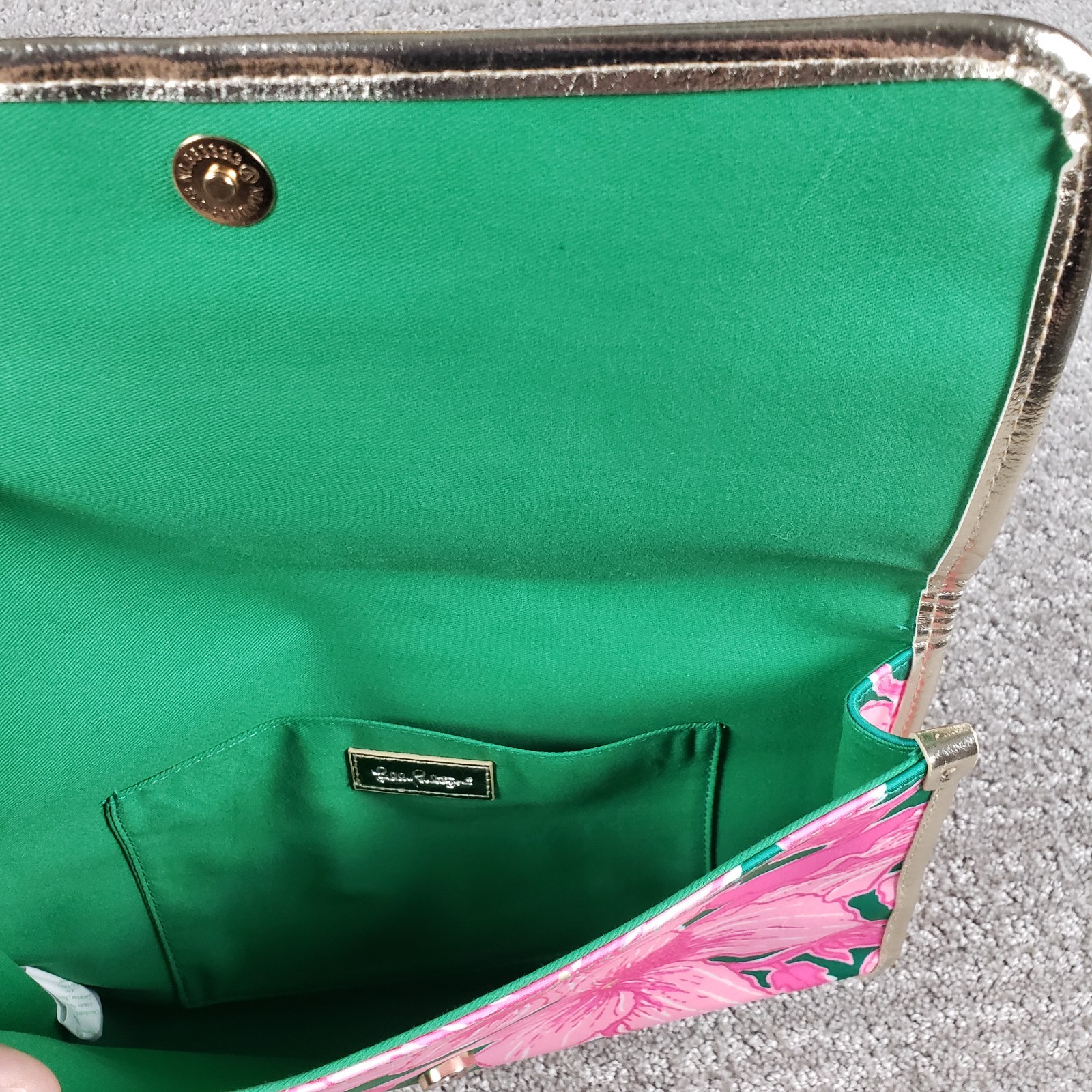 Lilly Pulitzer Envelope Pouch Clutch Pink Green Hibiscus Gold Trim Handbag