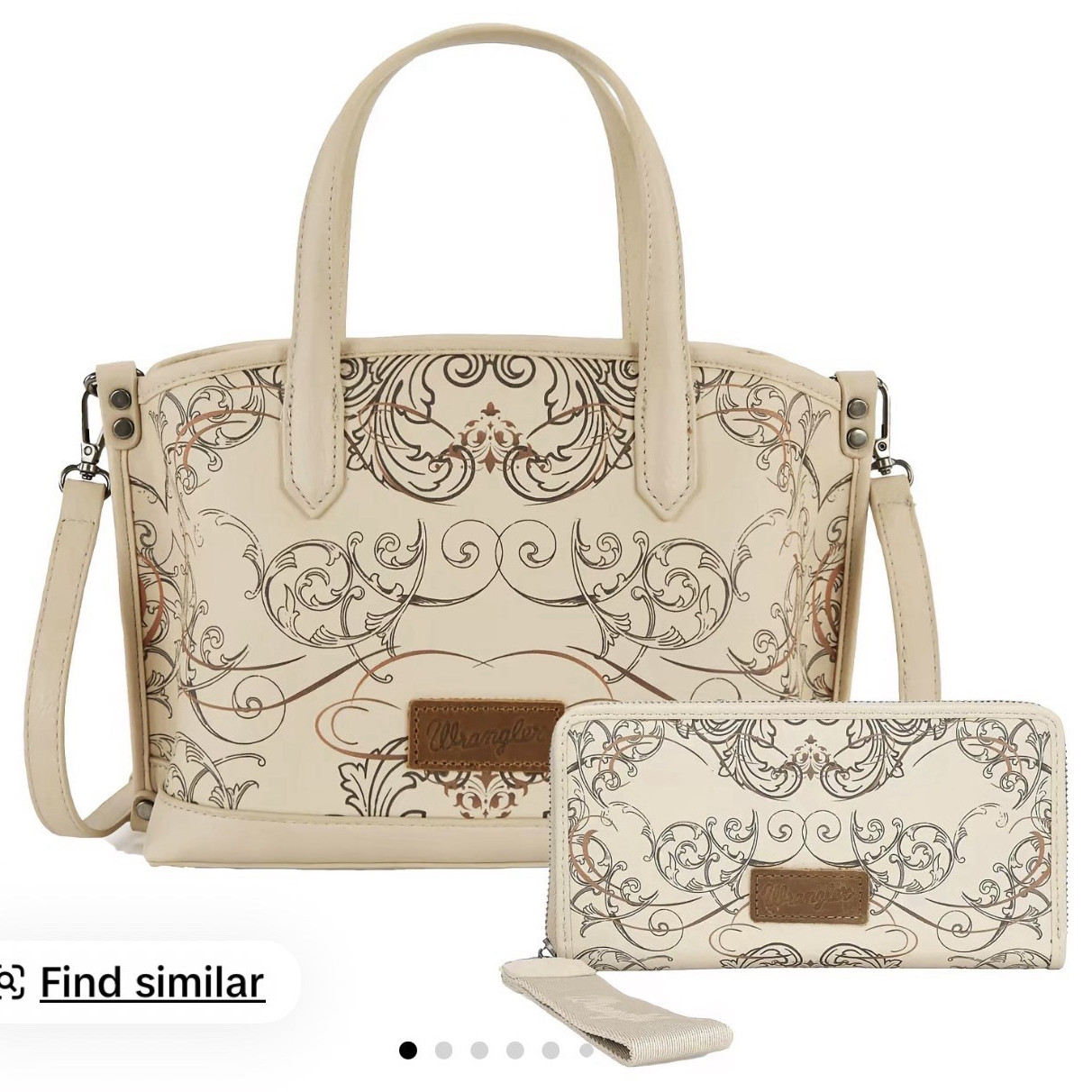 Wrangler Beige Scroll Satchel Top Handle Bag w/ Detachable Strap & Zip Wallet