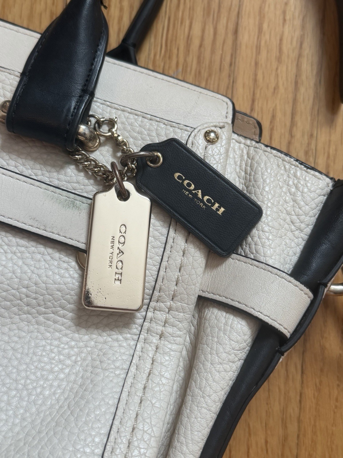 Coach Pebbled Beige Satchel Top Handle Zip w/ Detachable Strap Charm Studs