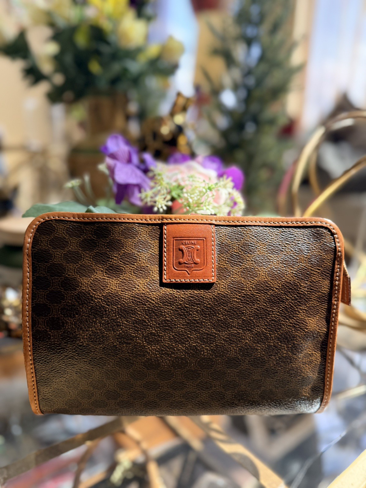 Vintage Celine Macadam Zip Clutch Brown Canvas Leather