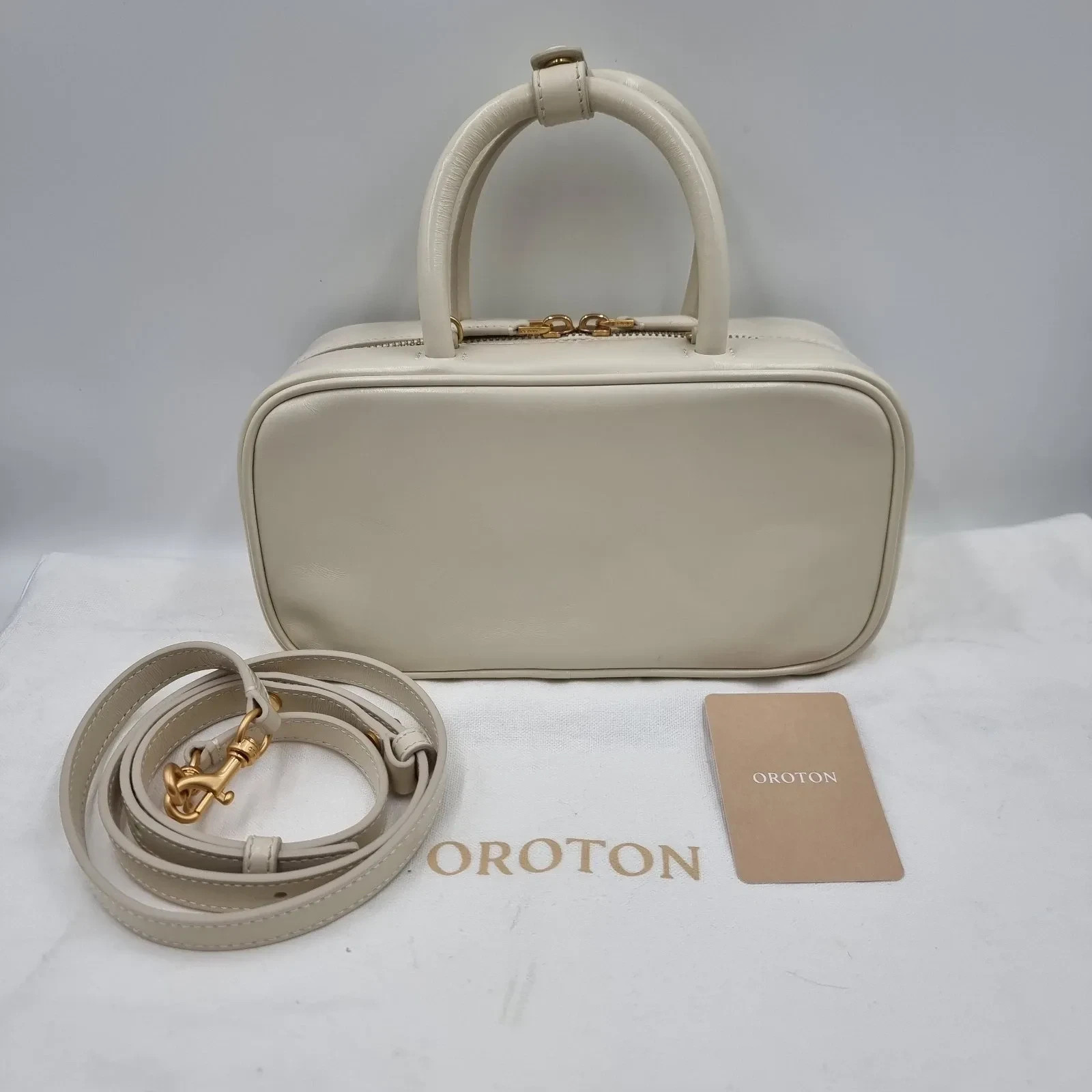 Oroton Izzie Clotted Cream Small Bowler Leather Crossbody Bag Purse w/ dust bag