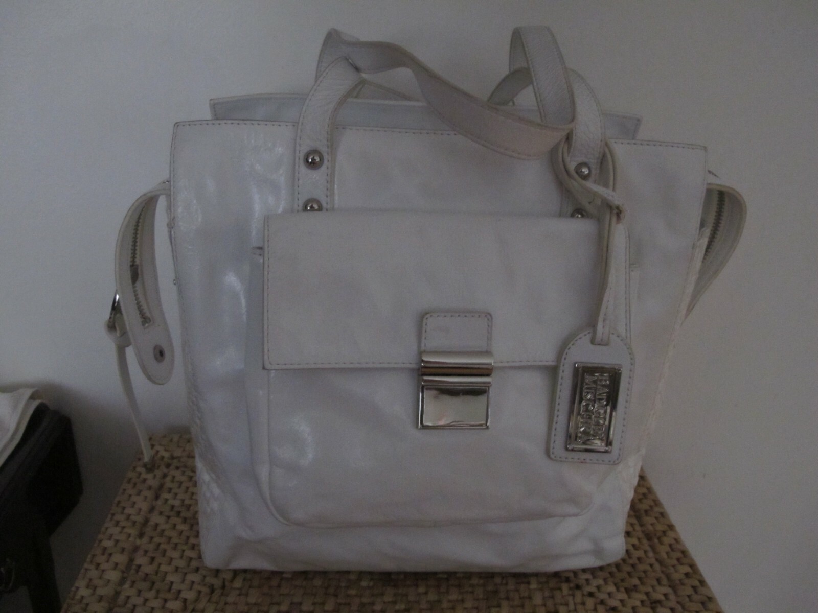Badgley Mischka White Large Helena Raffia Shine Leather Handbag Tote