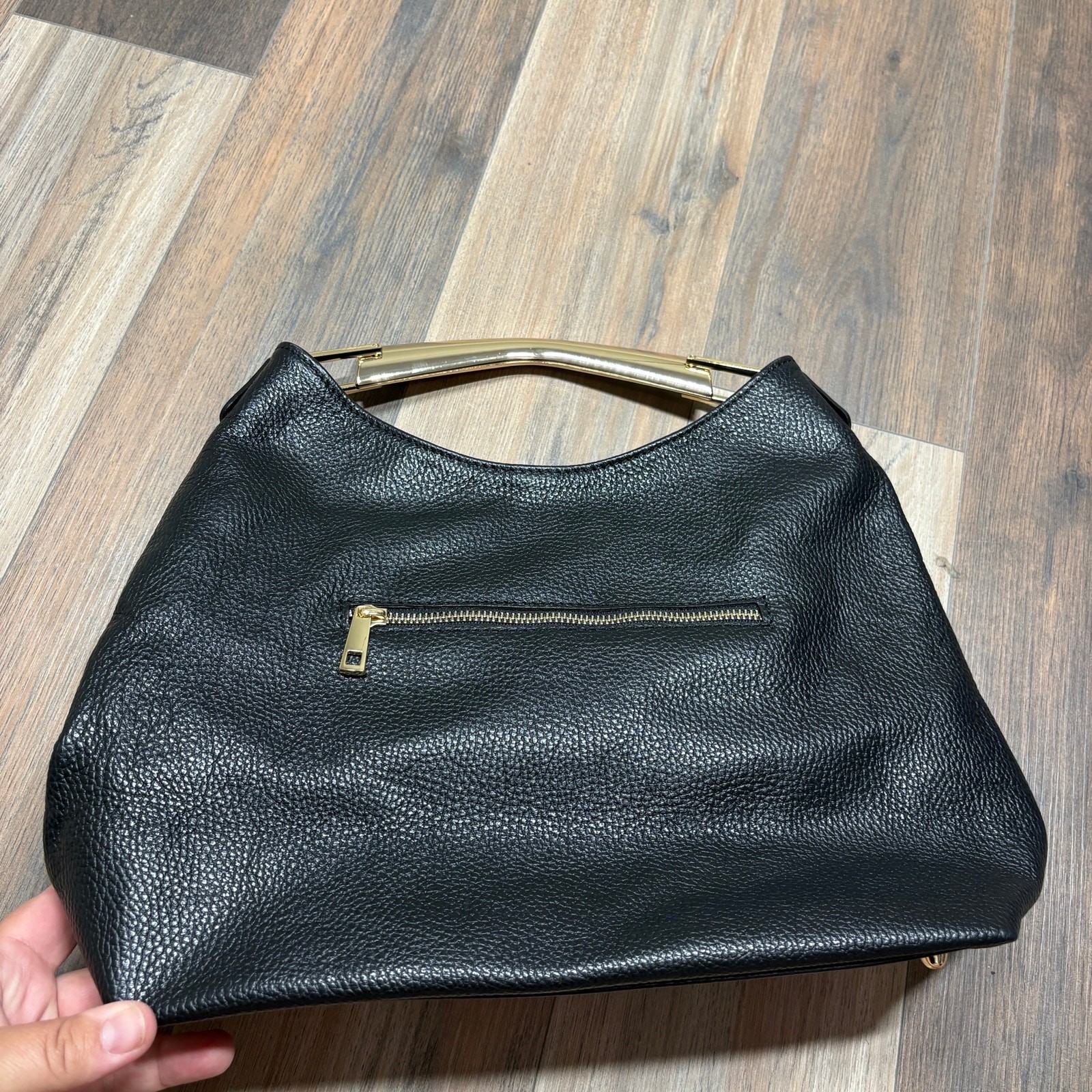 Vera Pelle Gold Top Handle Hobo Bag Black Genuine Leather Inner Zip Pocket Italy
