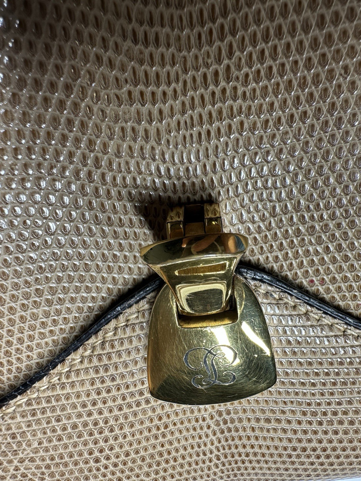 Vantage Judith Leiber Beige Lizard Skin Double Handle Bag Purse