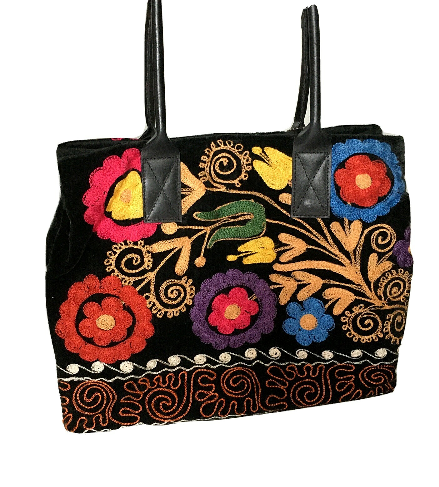 Colorful Embroidered Shoulder Hand Bag Velvet Leather M 14X11X3 Drop 9in