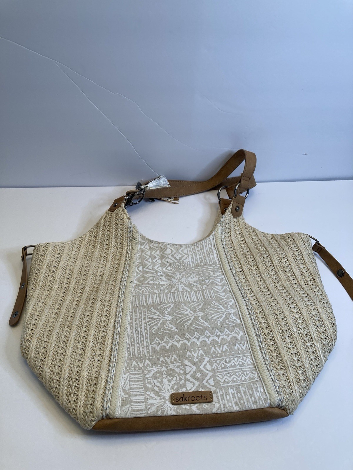 Sakroots Roma Shopper Bag Oatmeal and White Straw With Linen