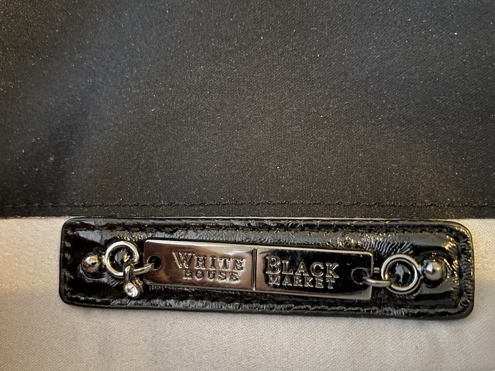 White House Black Market Black Satin Clutch Purse Bow Accent Chain Strap NWT