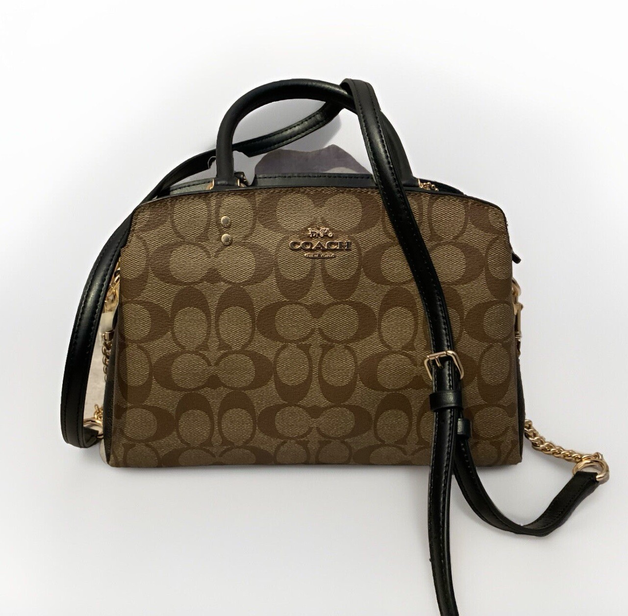 Coach Mini Lillie Carryall Colorblock Signature Black Canvas Gold Khaki C1786